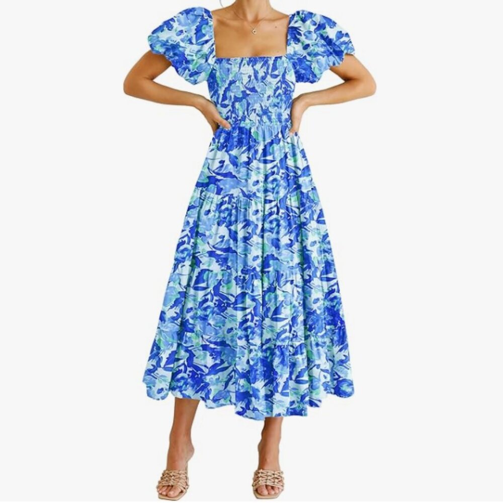 PRETTYGARDEN Women’s Smocked Midi Dress in Floral Blue